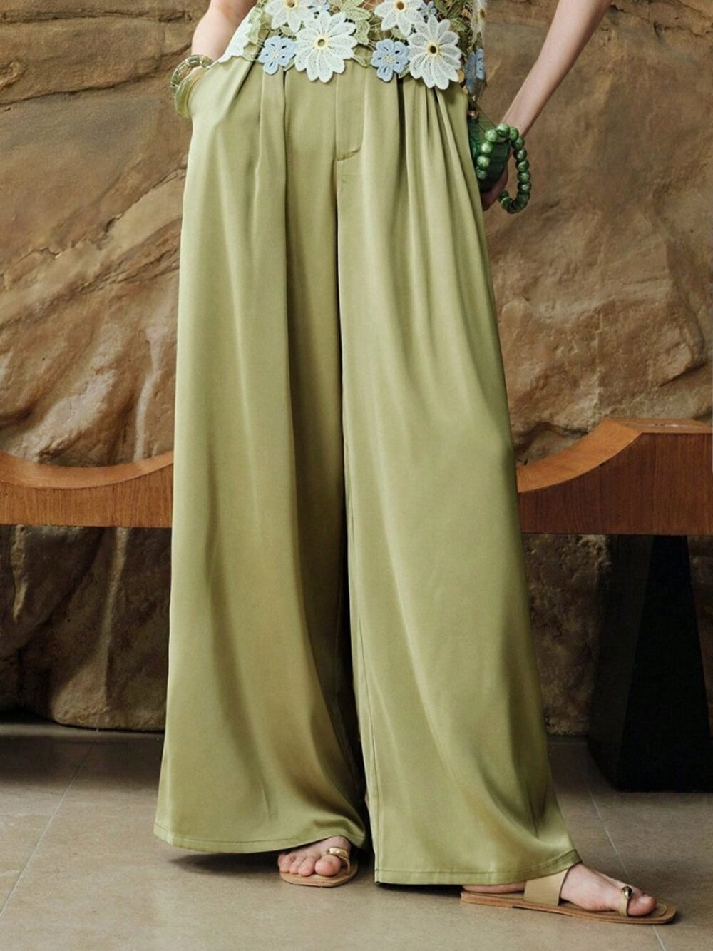 Olive Green Elegant Satin Wide-Leg Women's High-Waisted Office Pants
